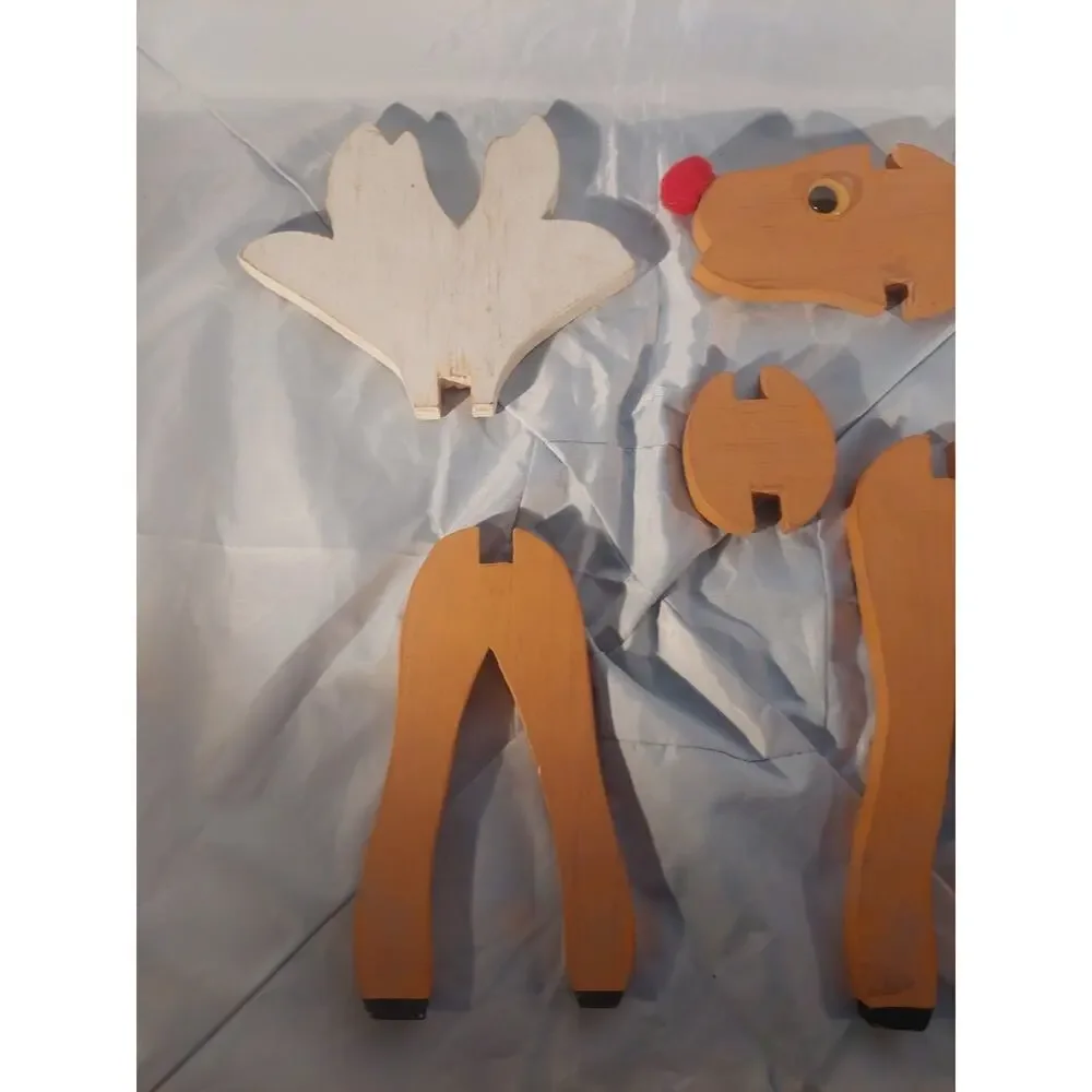 Vintage Rudolph Reindeer Christmas Decoration 19.5” Painted Wood Slot Build